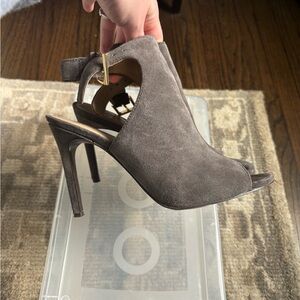 Tory Burch Brittania Gray Suede Peep Toe Booties